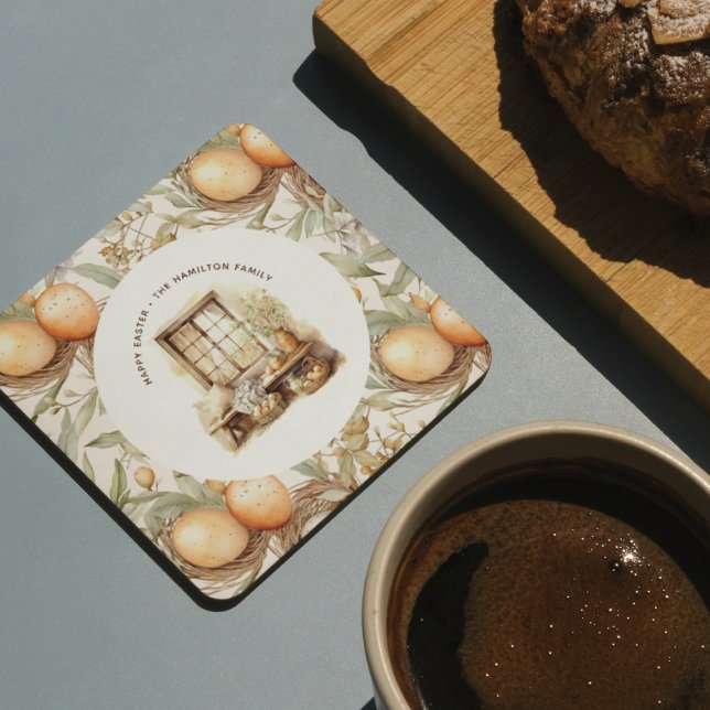 Porta-copo De Papel Redondo Nome da Família Rustic Páscoa Beige (Criador carregado)