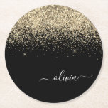 Porta-copo De Papel Redondo Nome da Rapariga do Monograma do Script Glitter Pr<br><div class="desc">Portas copos de papel com nome de monograma de script Glitter preto e Dourado de brilho. Isso faz a formatura perfeita,  aniversário,  casamento,  chá de panela,  aniversário,  chá de fraldas ou presente de festa de solteira para alguém que ama luxo de vidro e estilos quíticos.</div>