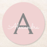 Porta-copo De Papel Redondo Nome do Monograma da Rapariga da Cinza Rosa Escamo<br><div class="desc">Cor-de-rosa e Cinza Simples Script Monogramas Name Portas copos de papel. Isso faz a formatura perfeita,  aniversário,  casamento,  chá de panela,  aniversário,  chá de fraldas ou presente de festa de solteira para alguém que ama luxo de vidro e estilos quíticos.</div>