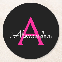 Porta-copo De Papel Redondo Nome do Monograma Girly Black Script Hot-Pink