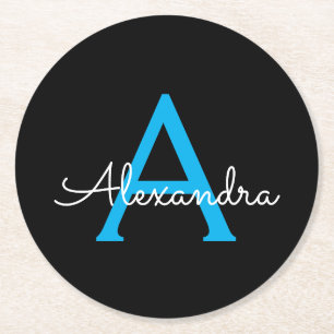 Porta-copo De Papel Redondo Nome do Monograma Girly de Script Preto Azul
