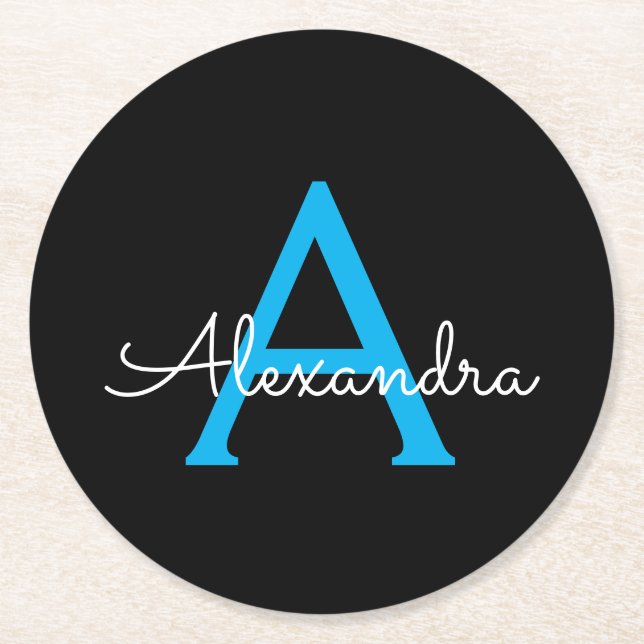 Porta-copo De Papel Redondo Nome do Monograma Girly de Script Preto Azul (Frente)