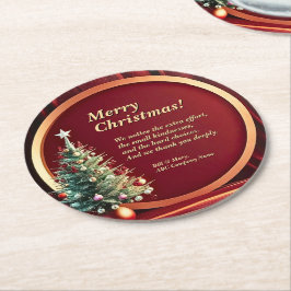 Porta-copo De Papel Redondo Nome Empresa Mensagem Vermelha Dourada + Árvore Na