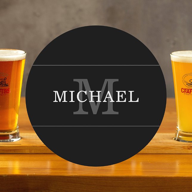 Porta-copo De Papel Redondo Nome Monograma Preto Prateado Elegante Personaliza (Criador carregado)