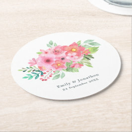 Porta-copo De Papel Redondo Nome Verde Floral Cor-de-Água Rosa Data Casamento