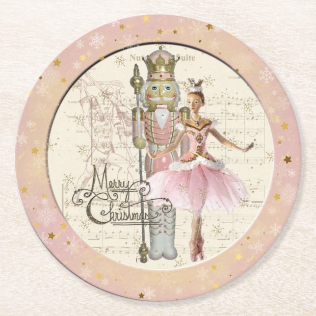 Porta-copo De Papel Redondo O Quebra-Nozes Suite - Ballerina & Nutcracker Pink (Frente)