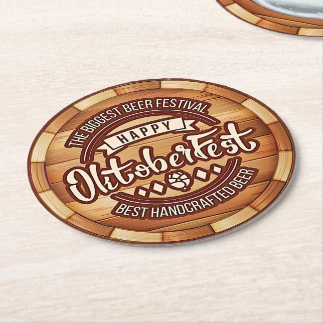 Porta-copo De Papel Redondo Oktoberfest Festival Brown Wooden Beer Barrel (Angulado)