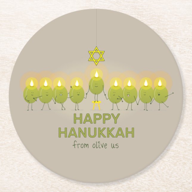 Porta-copo De Papel Redondo Olive Hanukkah Menorah (Frente)