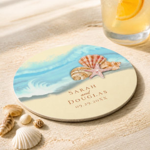 Porta-copo De Papel Redondo Onda Azul Romântica do Oceano e Casamento de Conch