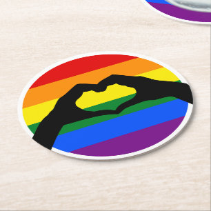 Porta-copo De Papel Redondo Orgulho gay LGBT Rainbow e Heart Mand Silhouette