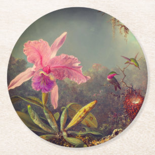 Porta-copo De Papel Redondo Orquídea de Cattleya e três beija-flores