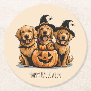 Porta-copo De Papel Redondo Ouro de Halloween Cães de Retriever Jack O Lantern