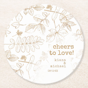 Porta-copo De Papel Redondo Ouro Leaf Pattern Wedding Cheers to Love ID655
