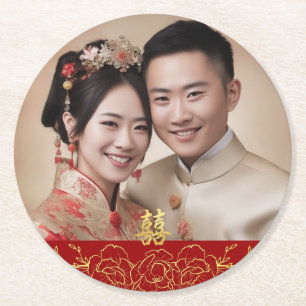 Porta-copo De Papel Redondo Ouro vermelho floral foto de casamento chinês dupl