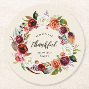 Porta-copo De Papel Redondo Outono Boho Blooms Ação de Graças Personalizada