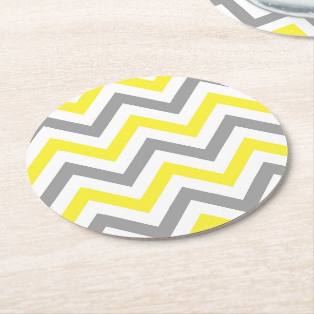 Porta-copo De Papel Redondo Padrão Amarelo, Cinza Escura Grande Chevron ZigZag (Angulado)