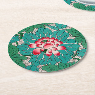 Porta-copo De Papel Redondo Padrão Chinês de Teal Verde Rosa Vermelho