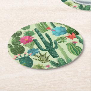 Porta-copo De Papel Redondo Padrão de Colheita Verde de Cactos
