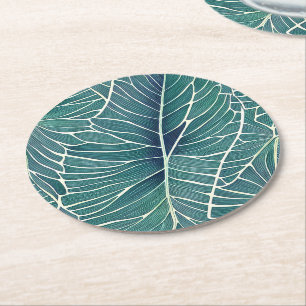 Porta-copo De Papel Redondo Padrão de Folhas Tropicais Verde Azul de Cor-de-Ág
