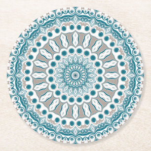 Porta-copo De Papel Redondo Padrão de Mandala Abstrato em Água e Taupe