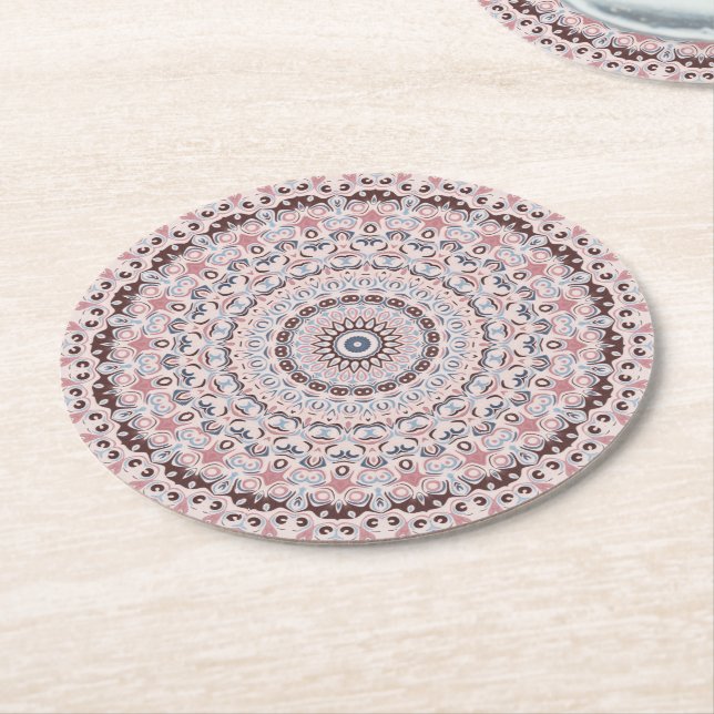 Porta-copo De Papel Redondo Padrão de Mandala Boho Rosa e Azul (Angulado)