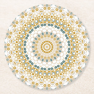 Porta-copo De Papel Redondo Padrão de Mandala Geométrico Dourado e Verde