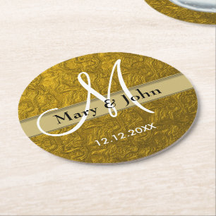 Porta-copo De Papel Redondo Padrão Dourado do Monograma de Casamento Personali