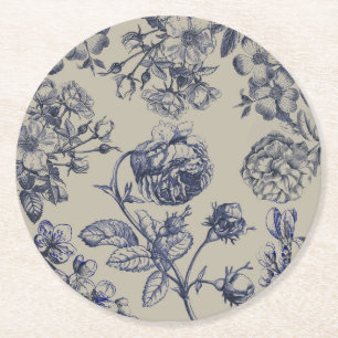Porta-copo De Papel Redondo Padrão Floral Botânico Toile Azul Vintage Antigo