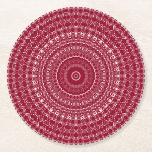 Porta-copo De Papel Redondo Padrão Intricado de Mandala Burgundy e Branco