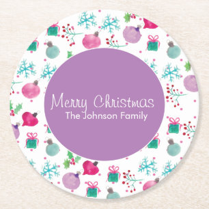 Porta-copo De Papel Redondo Padrão Pintado à Mão com Tema de Natal em Aquarela