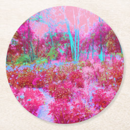 Porta-copo De Papel Redondo Paisagem de Jardim Vermelho e Rosa Impressionista