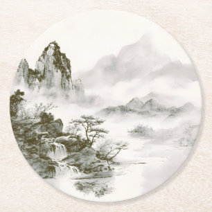 Porta-copo De Papel Redondo Paisagem Minimalista de Montanha Zen com Tinta Neb