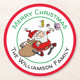 Porta-copo De Papel Redondo Papais noeis sorridentes de Feliz oferecendo prese