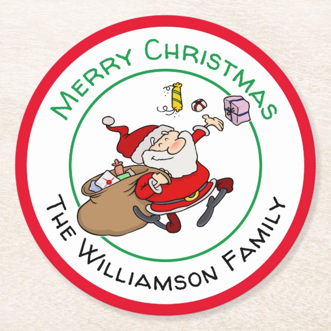 Porta-copo De Papel Redondo Papais noeis sorridentes de Feliz oferecendo prese (Frente)