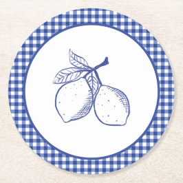 Porta-copo De Papel Redondo Papel de festa de verão limão gingham azul
