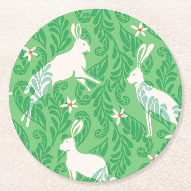 Porta-copo De Papel Redondo Paper Coaster in spring green rabbits and ferns (Frente)