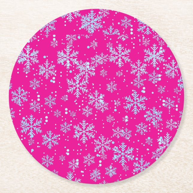 Porta-copo De Papel Redondo Paper Coasters, Bright Fuchsia Snowflakes (Frente)