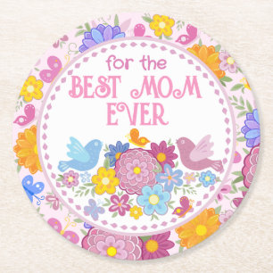 Porta-copo De Papel Redondo Para a Melhor Mãe do Mundo flores e borboleta, pás