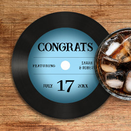 Porta-copo De Papel Redondo Parabéns de Casamento com Registro de Vinilo Azul