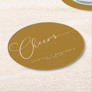 Porta-copo De Papel Redondo Parabéns Minimal Mostarda Dourado Script Casamento