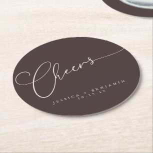 Porta-copo De Papel Redondo Parabéns Minimalista Marrom Script Casamento Perso