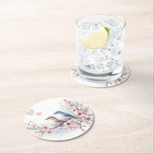 Porta-copo De Papel Redondo Pássaros de Amor na Primavera Flor de Cerejeira Fl