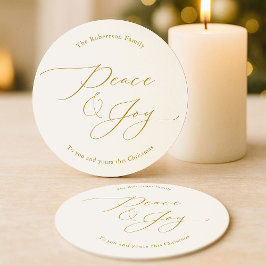 Porta-copo De Papel Redondo Paz e Alegria Elegantes em Script Dourado de Natal