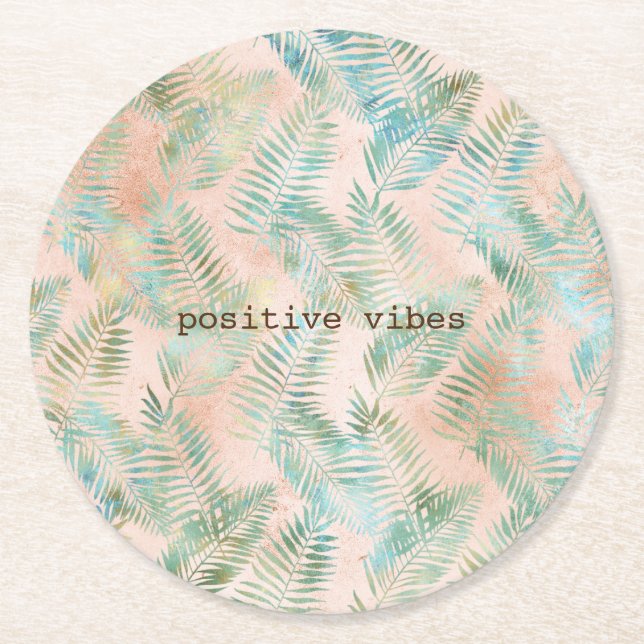 Porta-copo De Papel Redondo Peach Aqua Green Tropical Folhas (Frente)