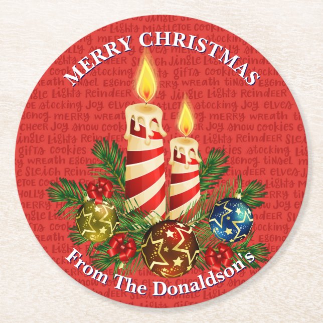 Porta-copo De Papel Redondo Personalize Christmas Candles Family Name 6 (Frente)