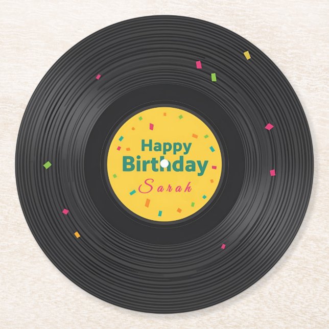 Porta-copo De Papel Redondo Personalized Happy Birthday Vinyl Record  (Frente)
