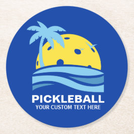 Porta-copo De Papel Redondo Pickleball Tropical Palm Tree Sun Seu Texto Person