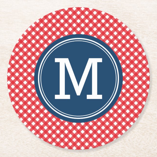 Porta-copo De Papel Redondo Picnic Red Country Gingham Personalize Monograma (Frente)
