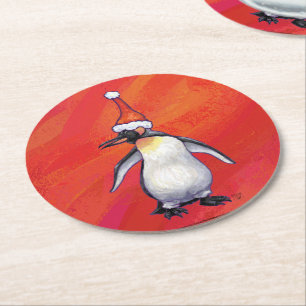 Porta-copo De Papel Redondo Pinguim no chapéu do papai noel no vermelho