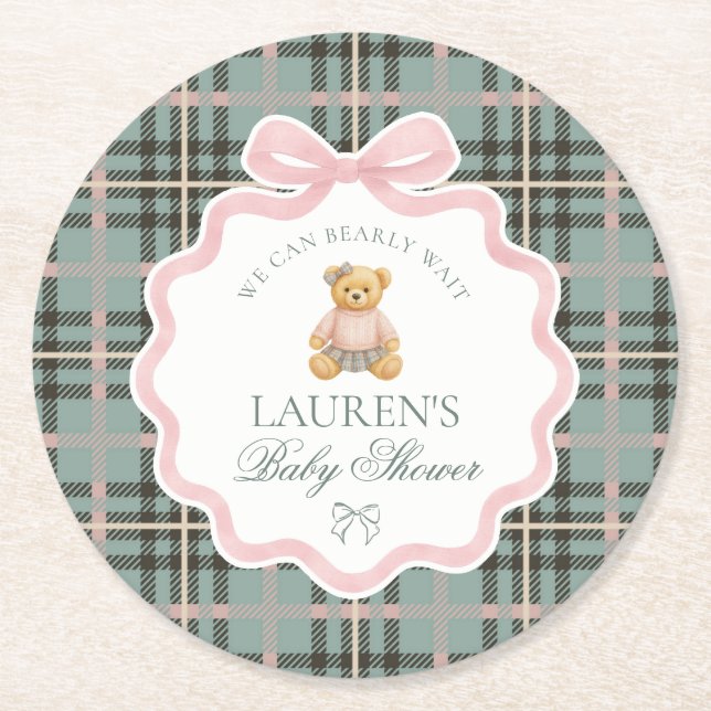 Porta-copo De Papel Redondo Pink Coquette Bow Bear Plaid Baby Shower  (Frente)